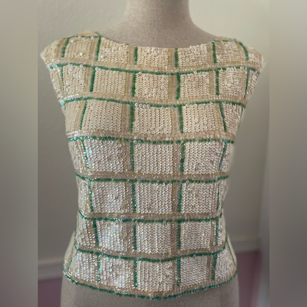 Cream Sequin Grid Crop Top with Green Trim